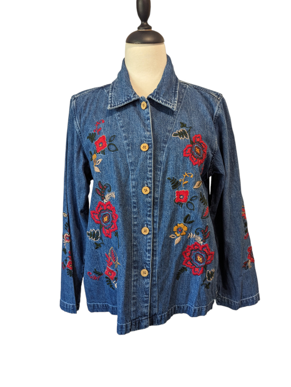 Christopher & Banks Bright Floral Button Up Embroidered Jean Shirt Size M